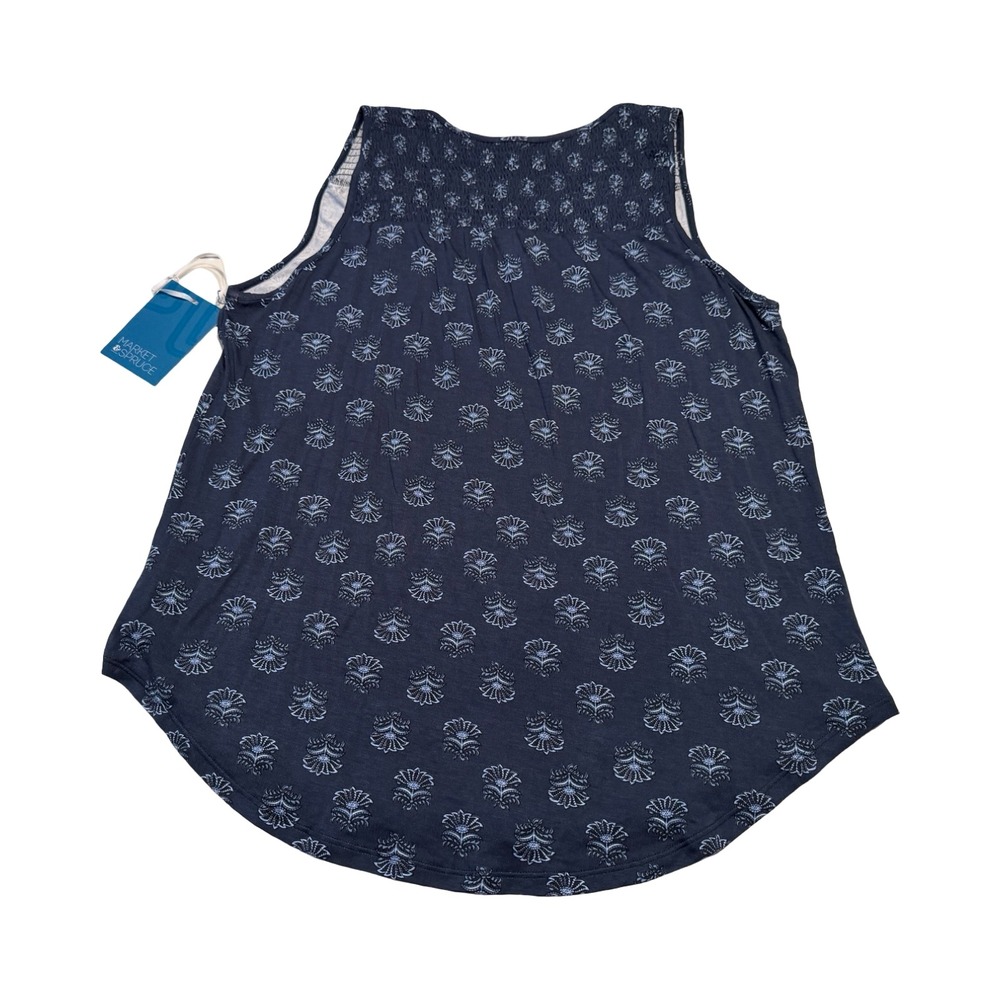Market & Spruce Beth Smocked Yoke Knit Tank Navy Floral Medallion Large NEW - Picture 3 of 3